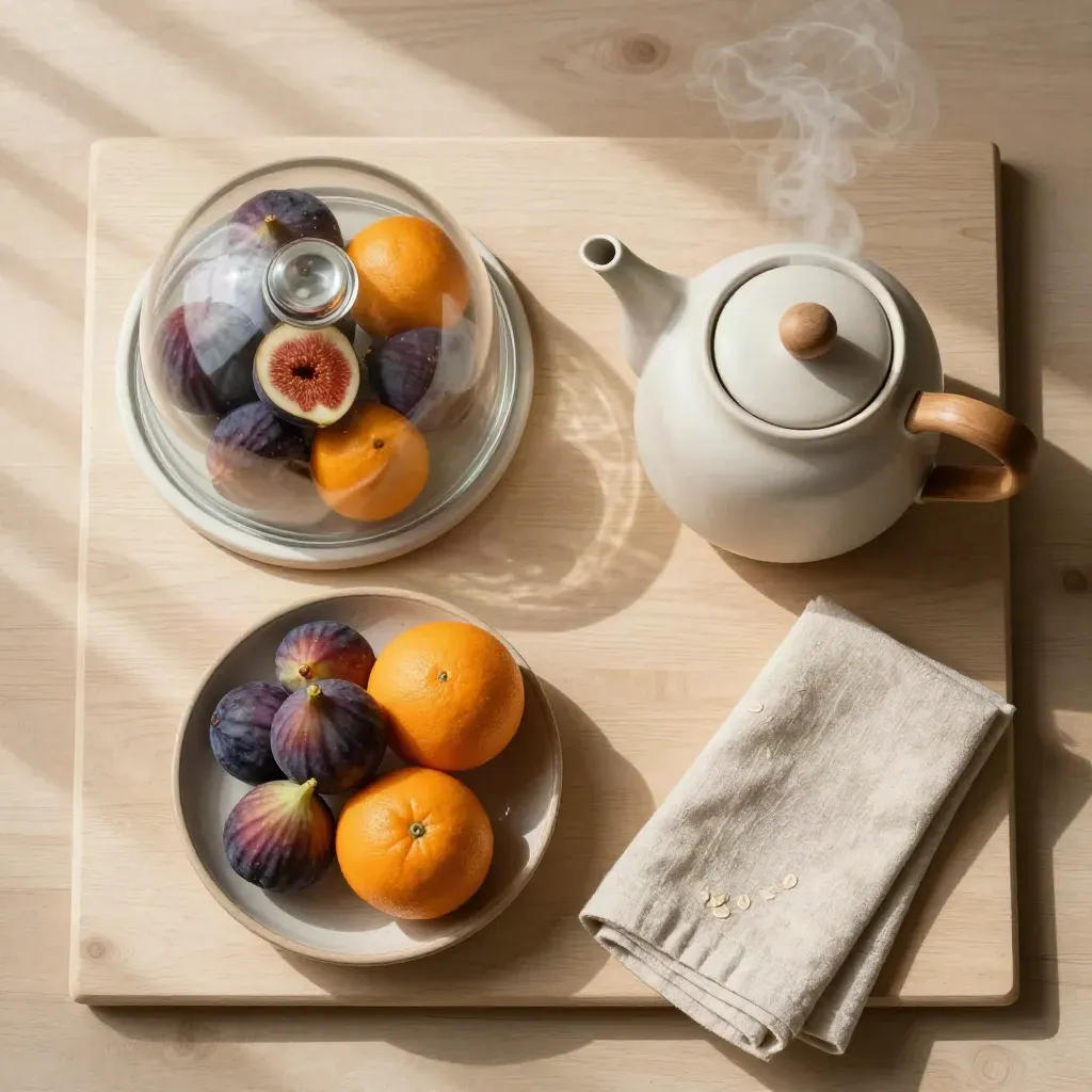 Flatlay sarapan taman dengan cloche, mangkuk buah, teko seramik dan napkin linen di atas kayu cerah.