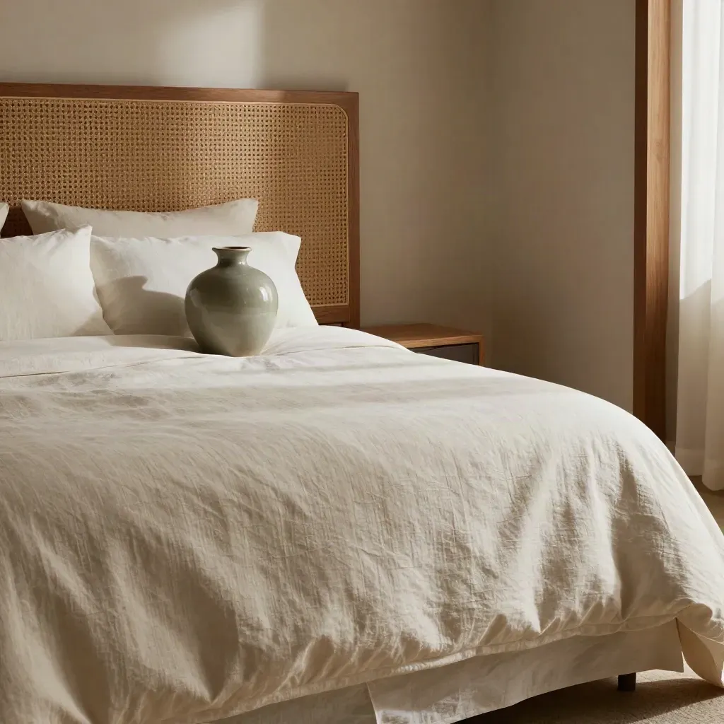 Tempat tidur queen taman dengan linen pucat, kepala katil anyaman dan pasu seramik.