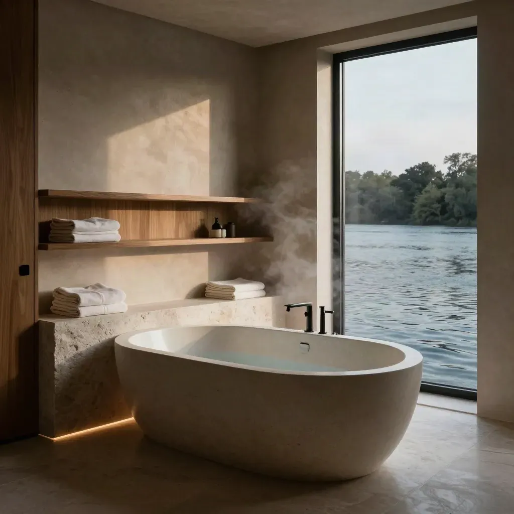 Suite sungai dengan tab mandi batu, linen lipat, cahaya petang dan pantulan air.